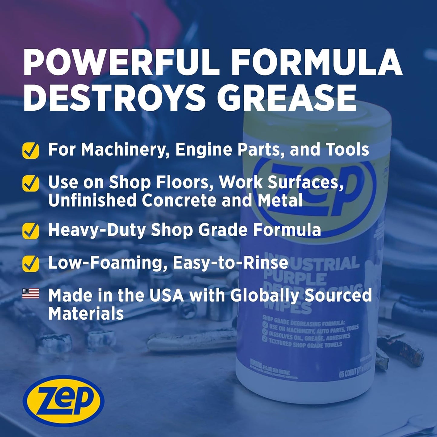 Zep Industrial Purple Heavy-Duty Degreasing Wipes - 65 Wipe Count - ZUINDPRPL65 - Dissolves Oil, Grease and Adhesives Fast, 1 Count (Pack of 1)