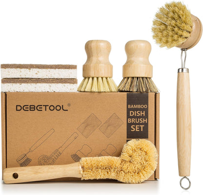 DEBETOOL 6 Piece Bamboo Dish Brush Set with Coconut Sponge - Wooden Dish Brush with Sisal and Palm Fiber, Natural Bamboo Dish Scrub Brush for Kitchen Cleaning Dishes, Pots, Pans, Bottles, Vegetables