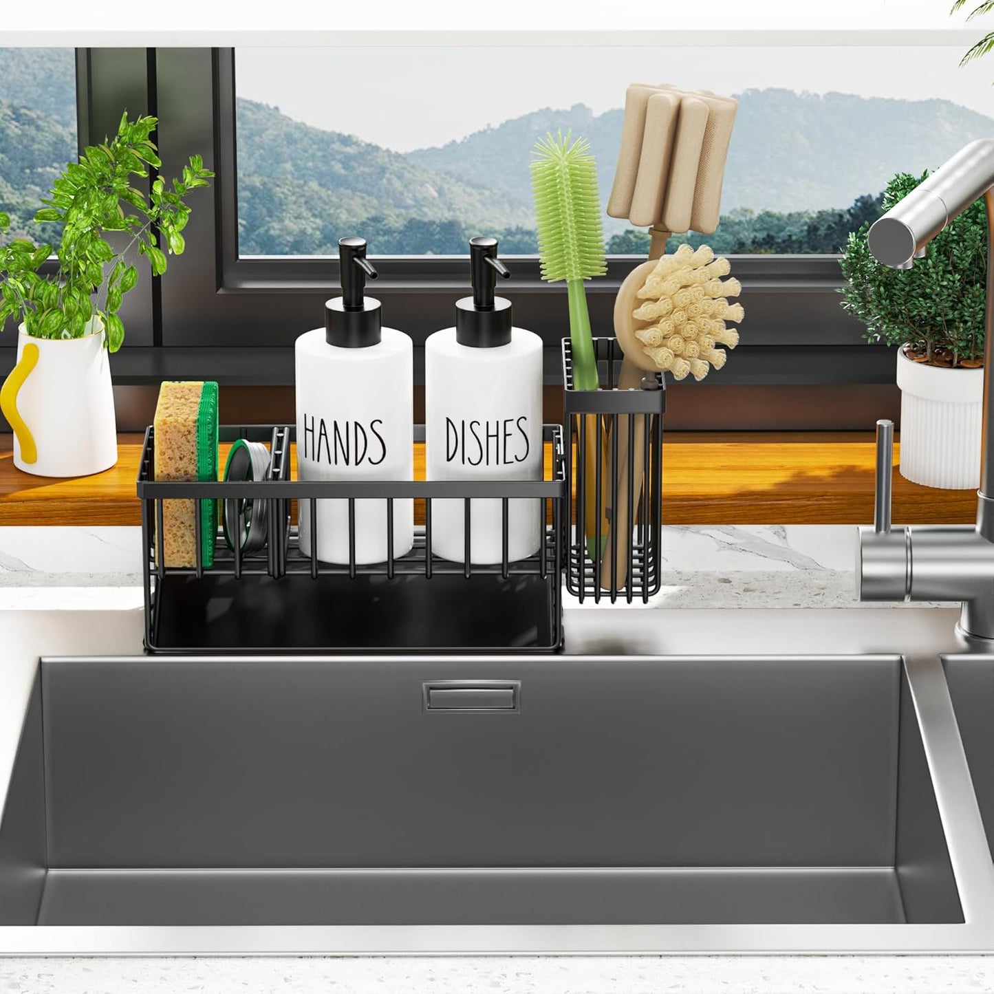 MASADI Kitchen Sink Caddy with Dish Soap Dispenser Set, 12OZ Glass Bottle, Hand and Dish Soap Dispenser Set, Non-Slip Silicone Pad, Brush Holder, Kitchen Sink Organizer Countertop (Black+Clear)