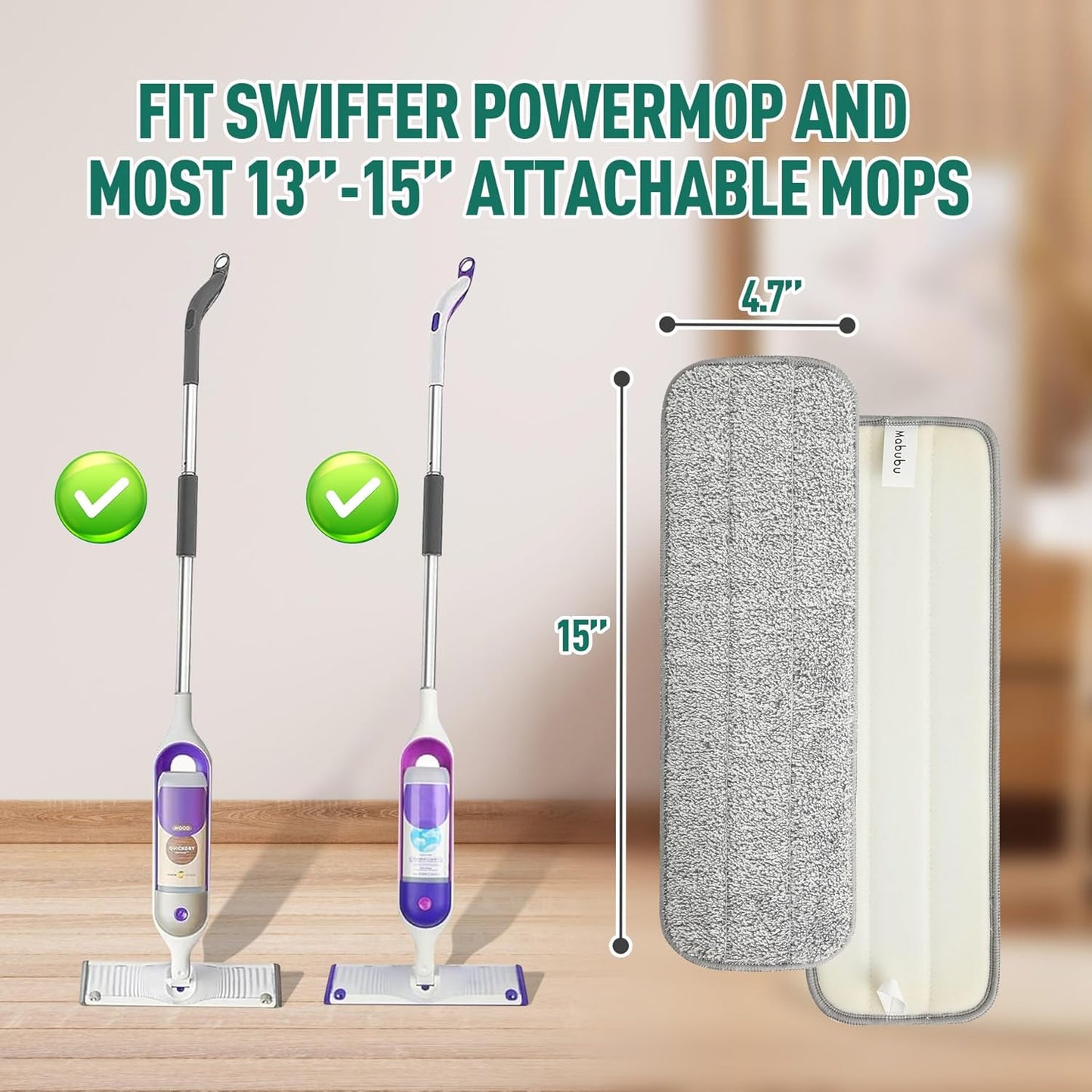 8 Pack Microfiber Spray Mop Replacement Pads for Swiffer PowerMop, Washable & Reusable Mop Refills for 13 ''-15 '' Spray Mops, Wet & Dry Cleaning Pad for Hardwood, Tile, Marble & Pet Hair