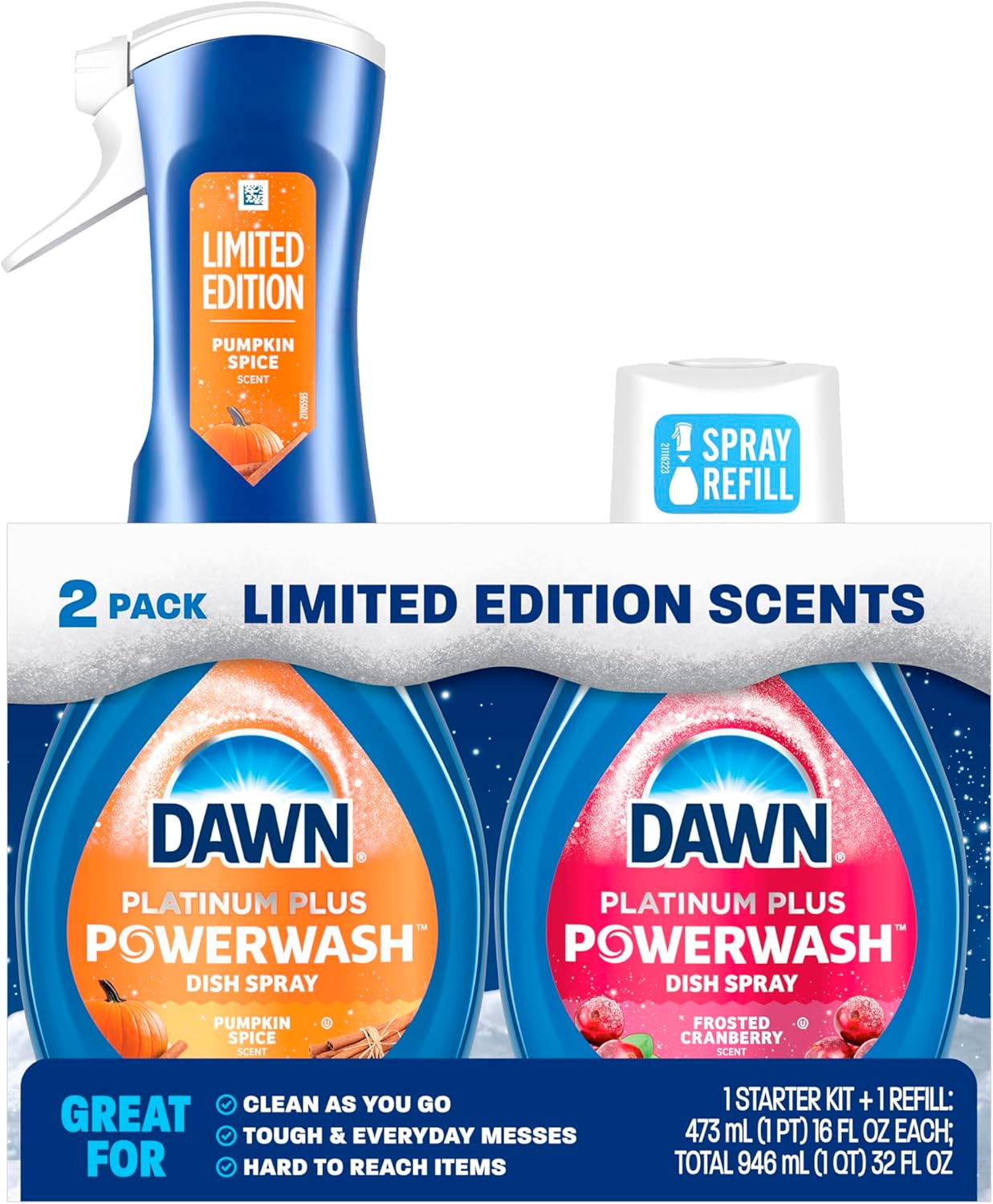 Dawn Powerwash Spray, Dish Soap, Dishwashing Liquid, Pumpkin Spice + Frosted Cranberry, 1 Starter Kit + 1 Refill, 2x16 Fl Oz