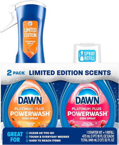 Dawn Powerwash Spray, Dish Soap, Dishwashing Liquid, Pumpkin Spice + Frosted Cranberry, 1 Starter Kit + 1 Refill, 2x16 Fl Oz