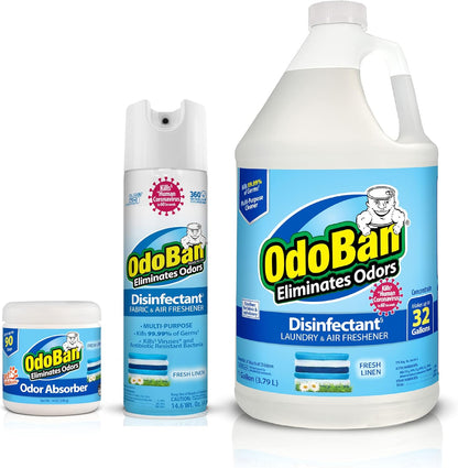 OdoBan Ready-to-Use Disinfectant and Harsh Aroma Eliminator, Cleaner and Fabric/Air Freshener, Set of 2, 14.6 Ounce 360-Degree Continuous Spray and 32 Ounce Trigger Spray, Fresh Linen Scent