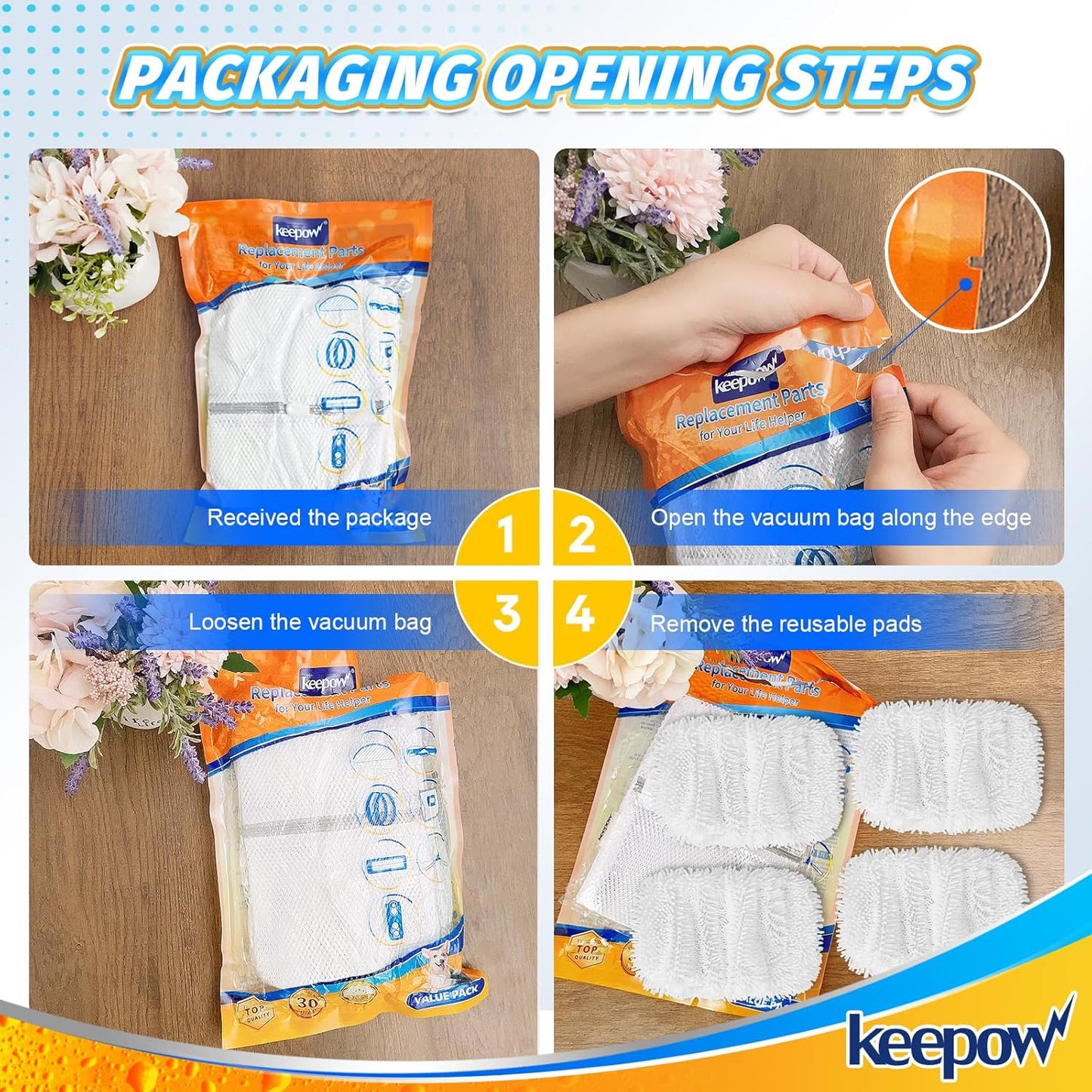 KEEPOW Reusable Microfiber Mop Pads Compatible with Swiffer Sweeper, Dry Sweeping Cloths, Washable Wet Mopping Cloth Refills for Hardwood Floor Cleaning, 6 Pack