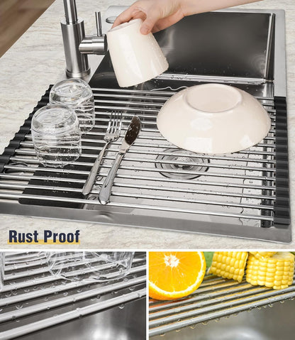 Tomorotec 17.7" x 15.5" Roll Up Dish Drying Rack Over Sink Drying Rack Sink Cover Kitchen Sink Accessories Gadget Multipurpose Organizer Foldable Stainless Steel Drainer (Grey)