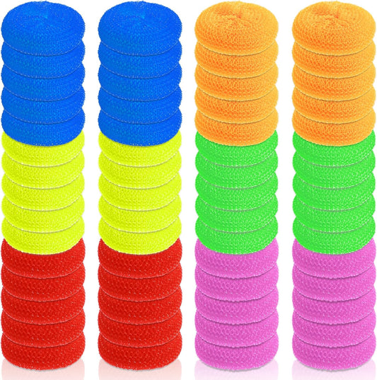 60 Pack Plastic Dish Scrubbers, Round Mesh Scouring Non Scratch Pads, Assorted Color Reusable Nylon Dish Pot Washing Poly for Kitchen Household Cleaning, 6 Colors