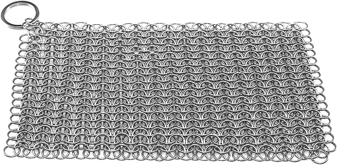 TOPULORS Cast Iron Scrubber 316 Stainless Steel Skillet Cleaner 8"x6" Chainmail Scrubber Scraper Chain Mail Link Scrub for Cast Iron Pre-Seasoned Pans, Griddles, BBQ Grills, and Pot Cookware Cleaning