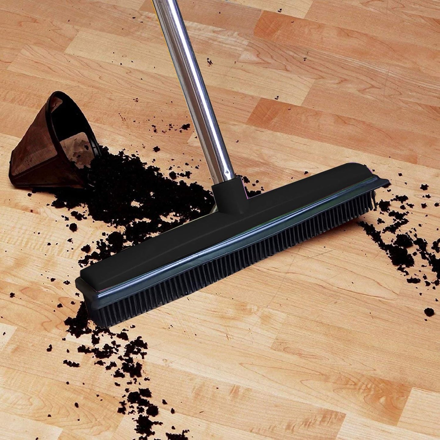 Telescopic Rubber Broom with Squeegee, Multifunction Adjustable Pet Hair Removal Carpet Rake for Fluff Rug Hardwood Floor (Black)