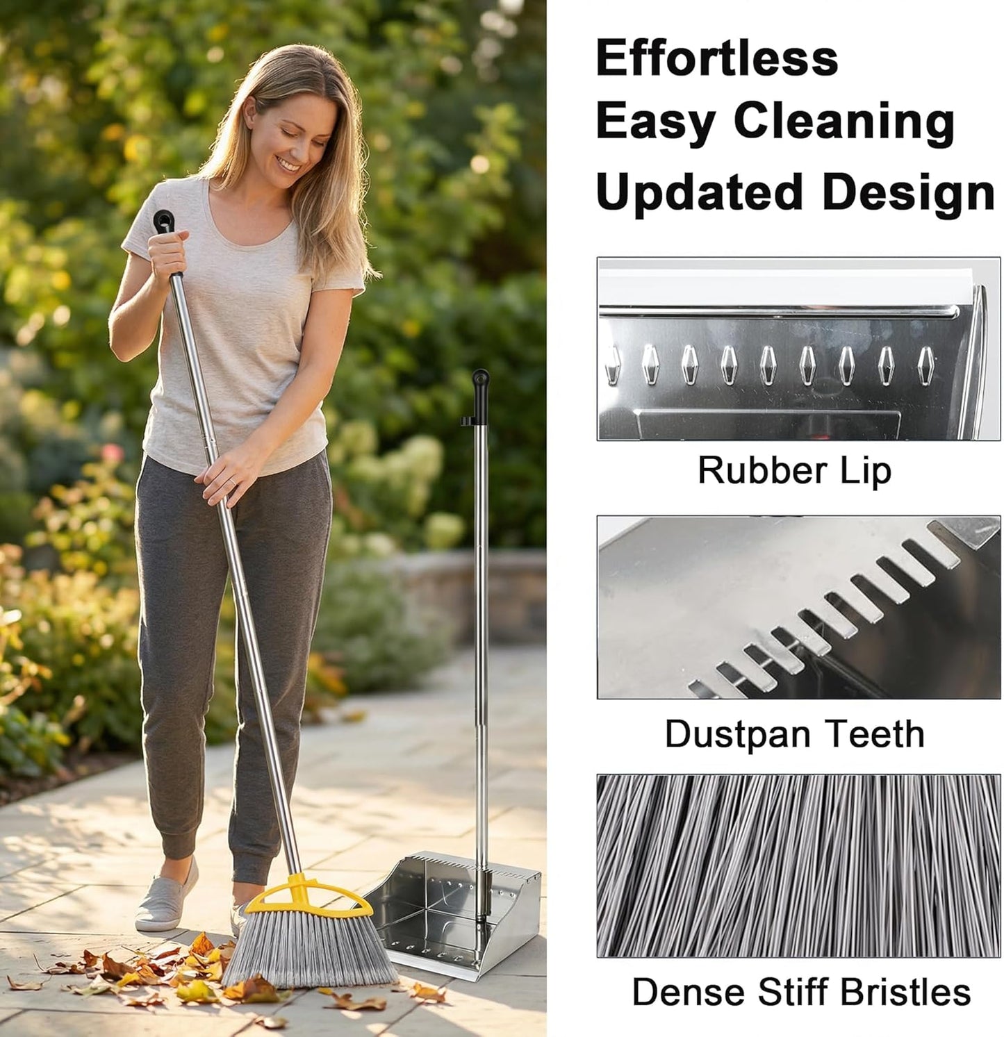 Stainless Steel Dustpan with Outdoor Stiff Bristles Broom,Long Handle Metal Dust Pan and Heavy Duty Broom for Home,Lobby,Office