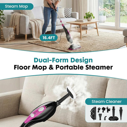 OLIXIS 10-in-1 Steam Mop, 1550W Detachable Handheld Steam Cleaner for Floor Cleaning, 16FT Cord, 2 Washable Pads, Multi-Purpose Floor Steamer for Hardwood, Carpet, Tile, Grout, Windows, White Green