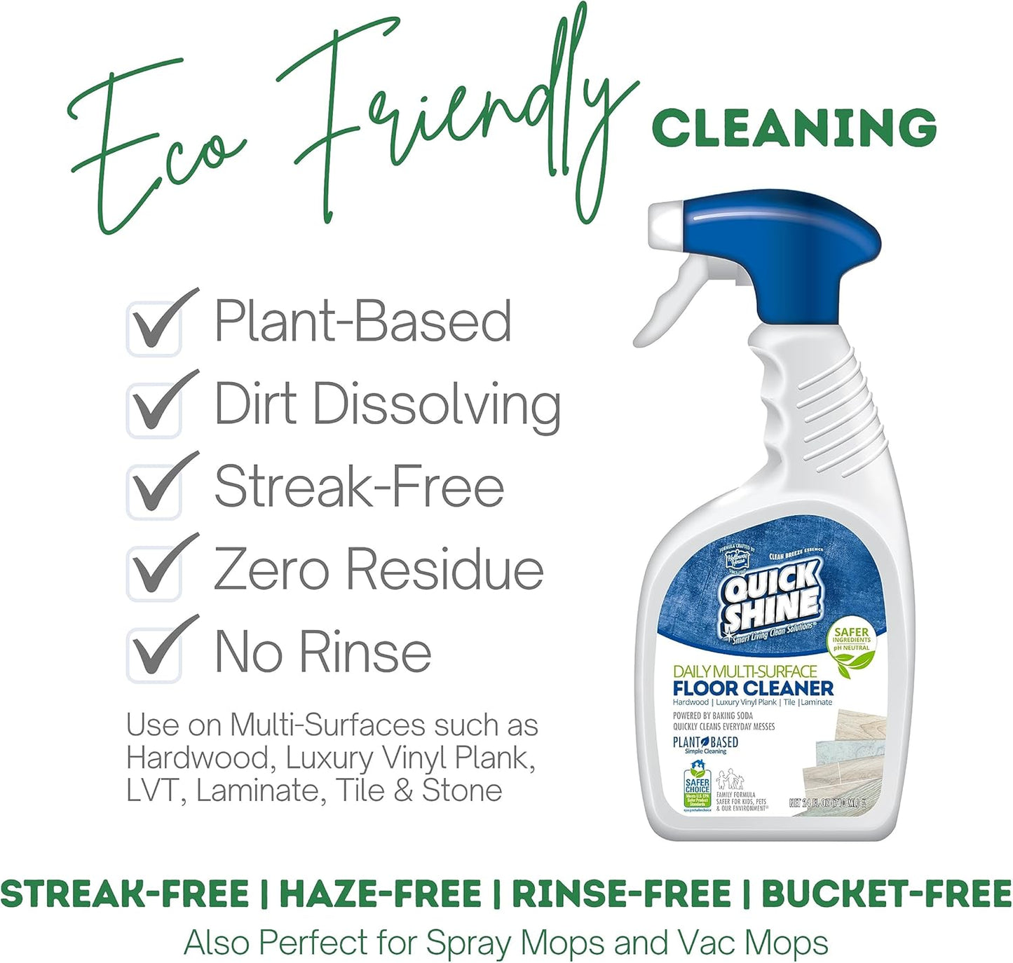 Quick Shine Multi Surface Floor Cleaner 64oz, Ready to Use-Streak Free-No Rinse, Use on Hardwood, Laminate, Luxury Vinyl Plank & Stone, Use in Spray Mops & Vac Mops, Safer Choice Cleaner