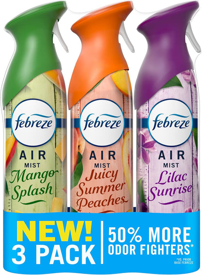 Febreze Air Mist, Air Freshener, Odor Fighting Room Spray, Deodorizer for Home Bathroom Kitchen Office Apartment, Lilac Sunrise, Warm Ocean Breeze, Summer Golden Hour Variety Pack, 8.1oz (Pack of 3)