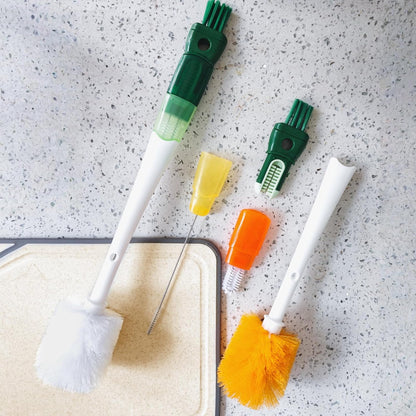 Five-in-one Bottle Brush Set (1Pc Green), Long Handle Bottle Cleaning Brush Straw Brush Nipple Brush Hard-Corner Brush for Sports Water Bottles Caps Mugs Glasswares Tumblers Wine Decanters
