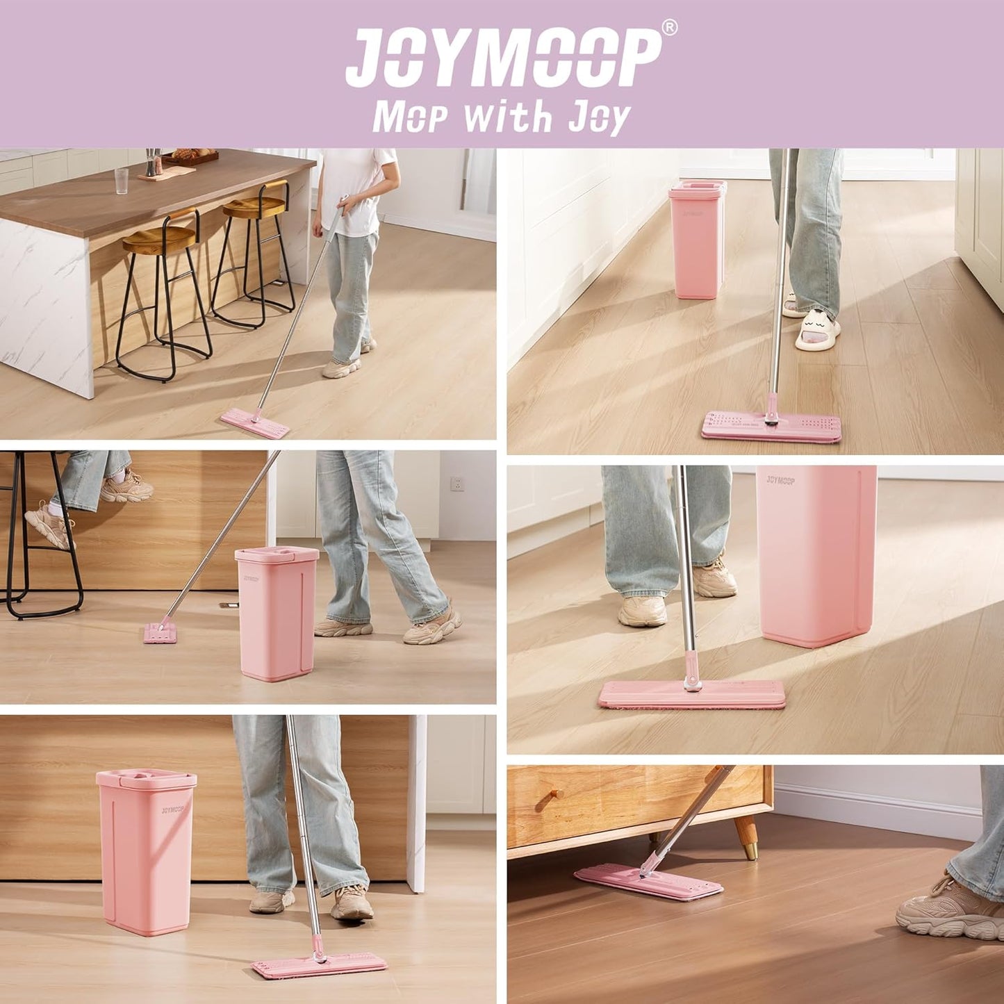 JOYMOOP Pink Mop and Bucket with Wringer Set for Home, with 3 Reusable Microfiber Mop Pads, Hands-Free Self-Cleaning System, Suitable for Floor Cleaning and Wall Cleaner
