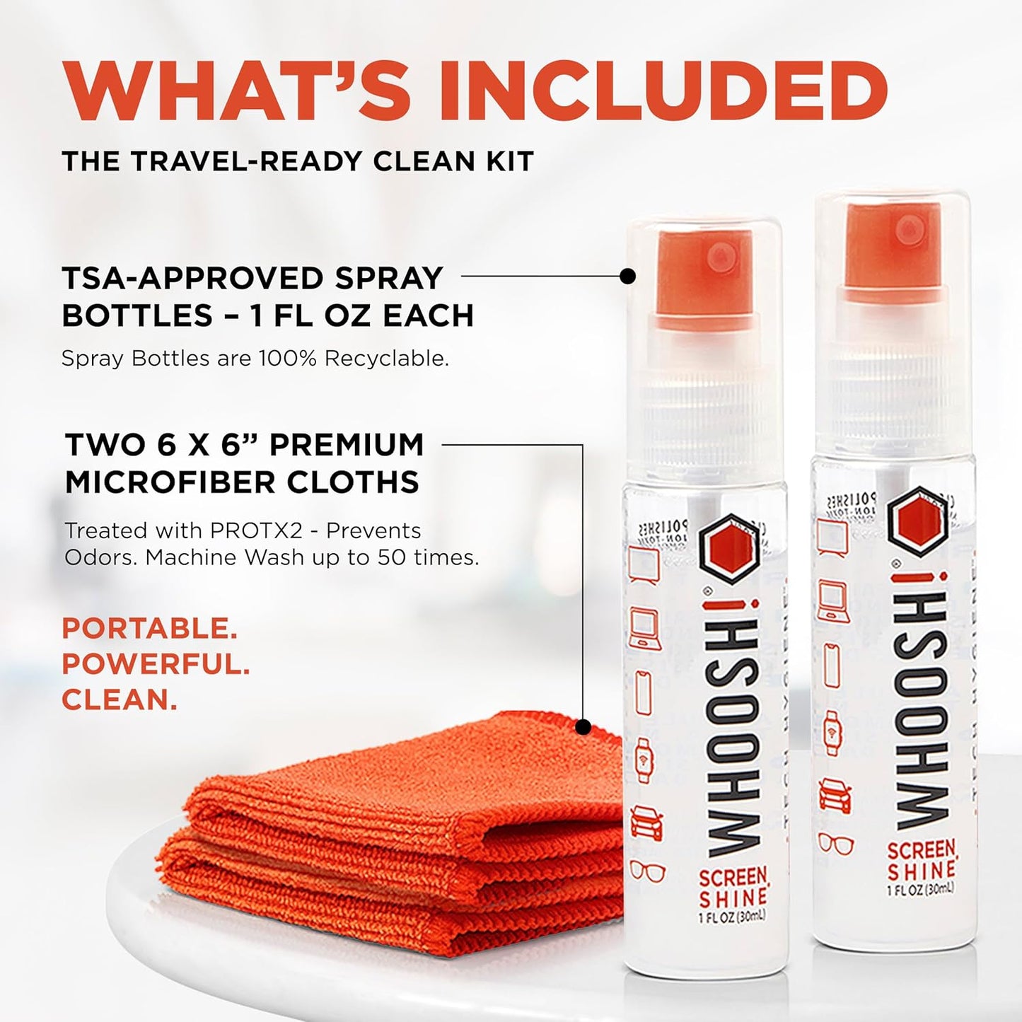 WHOOSH! Screen Shine Go - 1 fl oz Refillable Screen Cleaner Kit with Microfiber Cloth for MacBook, Phone, iPad & Eyeglasses - Powerful Streak-Free Cleaning - Pocket-Sized, TSA-Approved for Travel