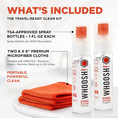WHOOSH! Screen Shine Go - 1 fl oz Refillable Screen Cleaner Kit with Microfiber Cloth for MacBook, Phone, iPad & Eyeglasses - Powerful Streak-Free Cleaning - Pocket-Sized, TSA-Approved for Travel