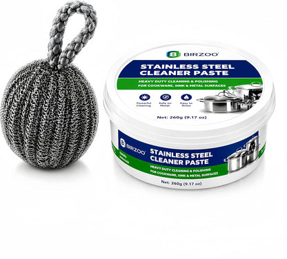 Stainless Steel Cleaner Paste, Heavy Duty Burnt Pan Cleaner for Pots, Stove, Sink & Cookware, Removes Grease & Stains with Scrubber & Steel Wool