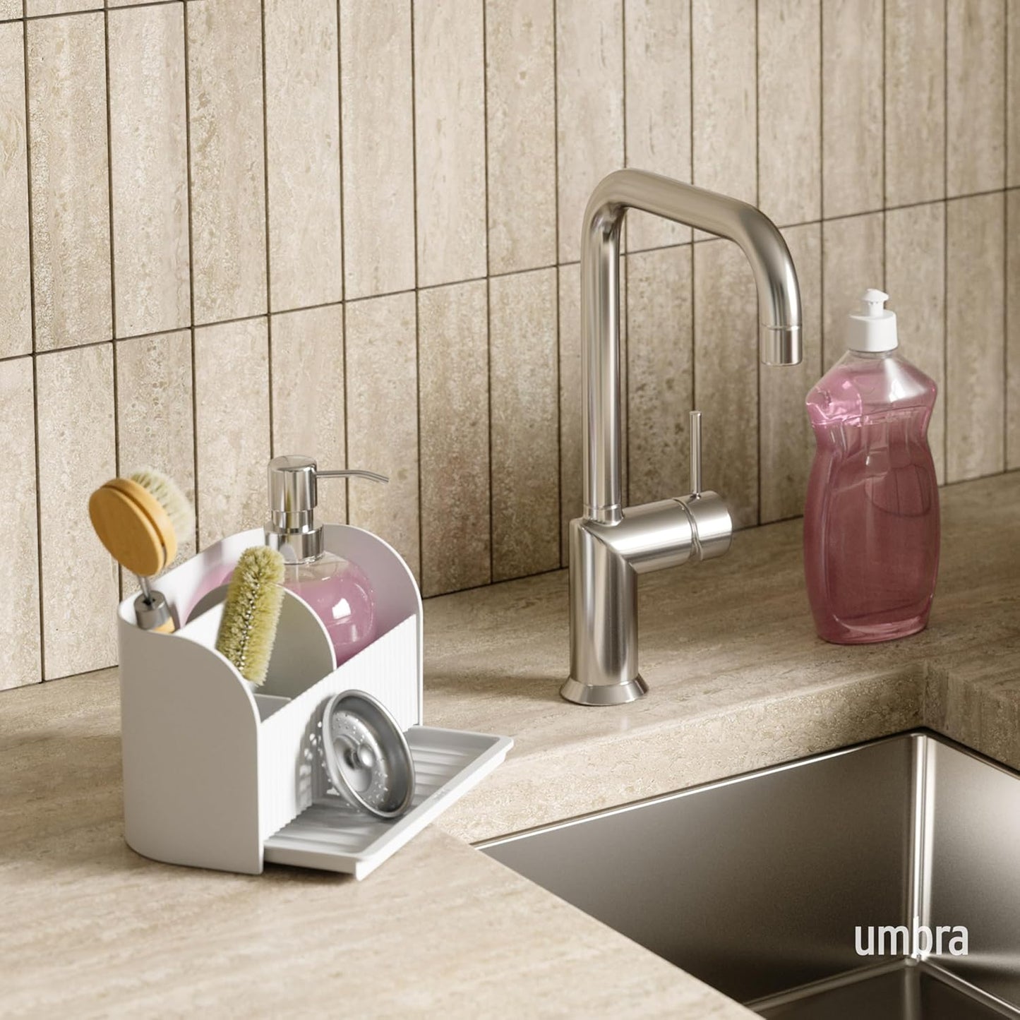 Umbra Sling Sponge Holder Sink Caddy with Dish Soap Dispenser Pump for Kitchen