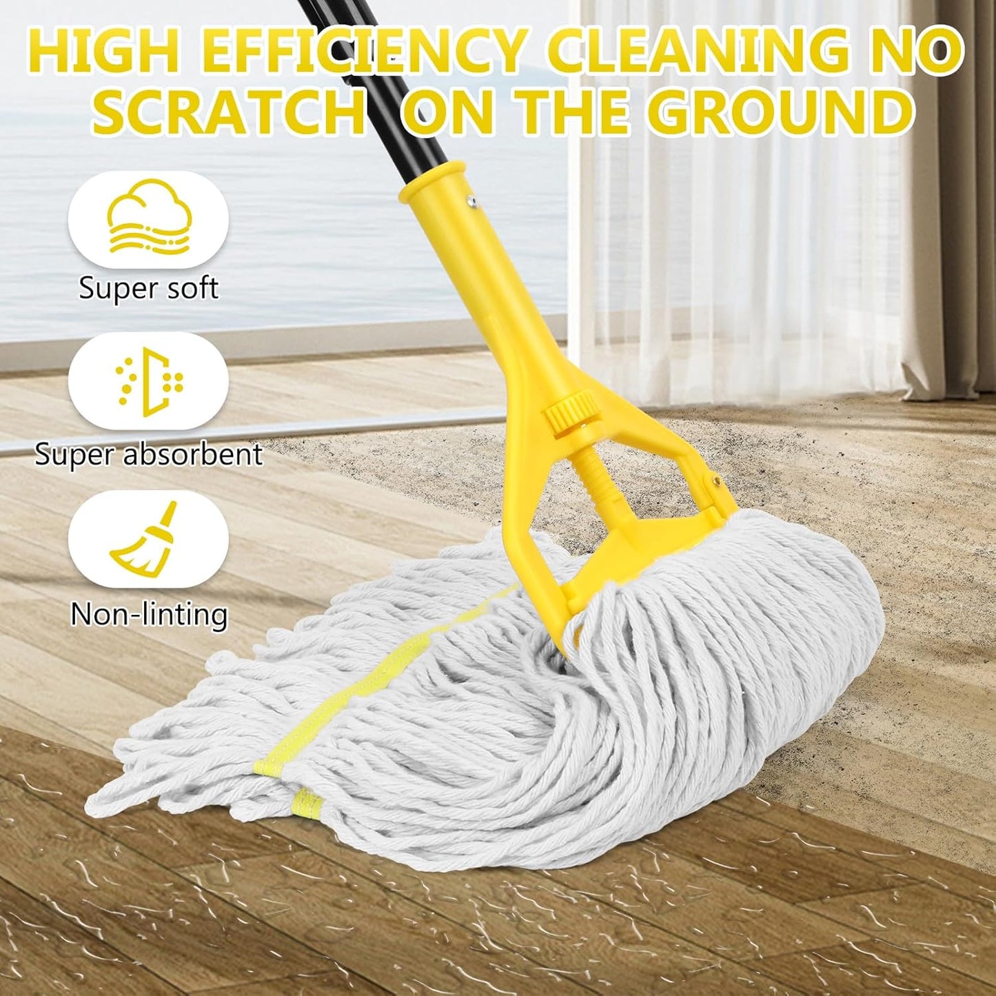 38 Qt Commercial Bucket with Side Press Wringer on Wheels, Yellow Industrial Set for Floor Cleaning, Including 1 Industrial Mop and Wet Floor Caution Sign, Beyoco