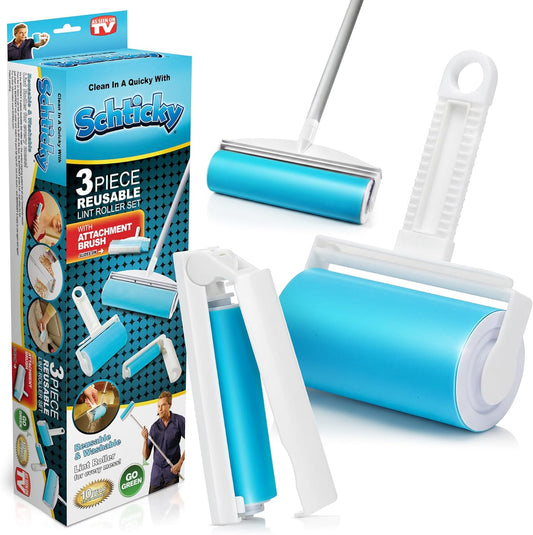 Schticky Lint Roller Set - Reusable & Washable Lint Roller Cleaner for Clothes Sofa Furniture Car Cat Dog Hair - Clean in a Quicky with Schticky (3 Piece Set)