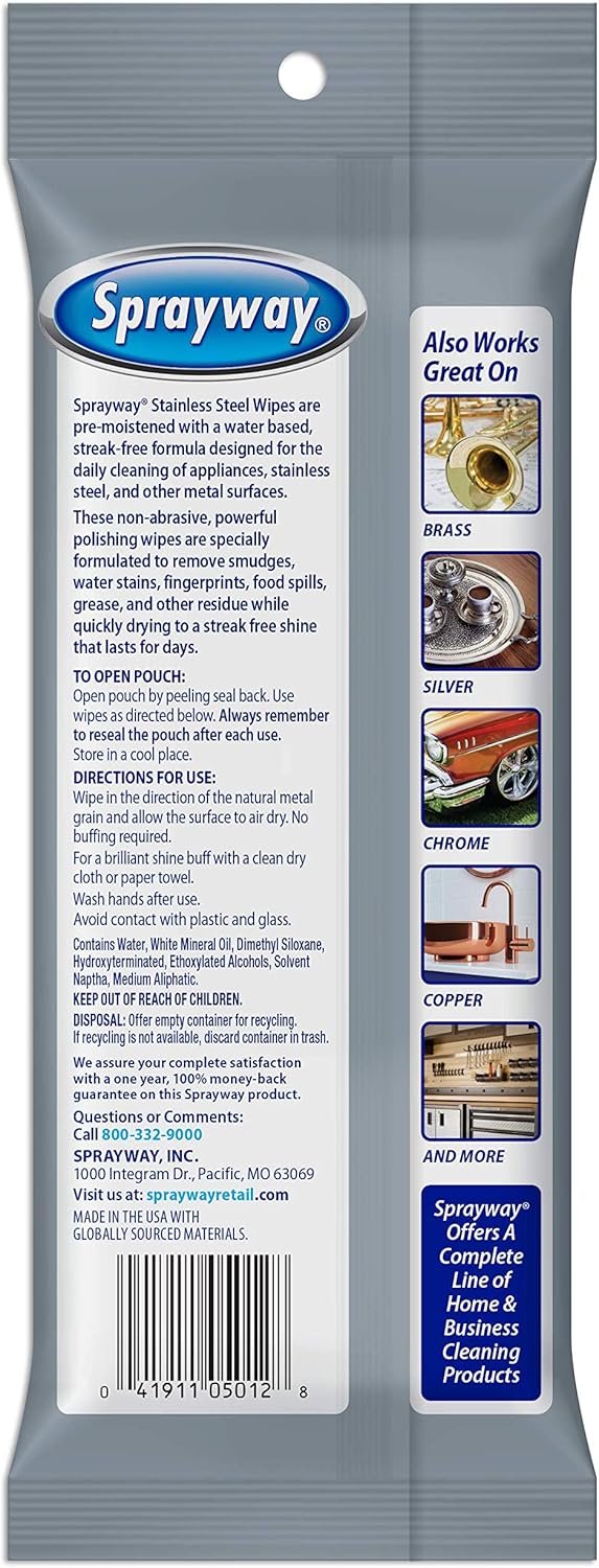 Sprayway Stainless Steel Wipes, Water Based, Pack of 20 (SW5012R)