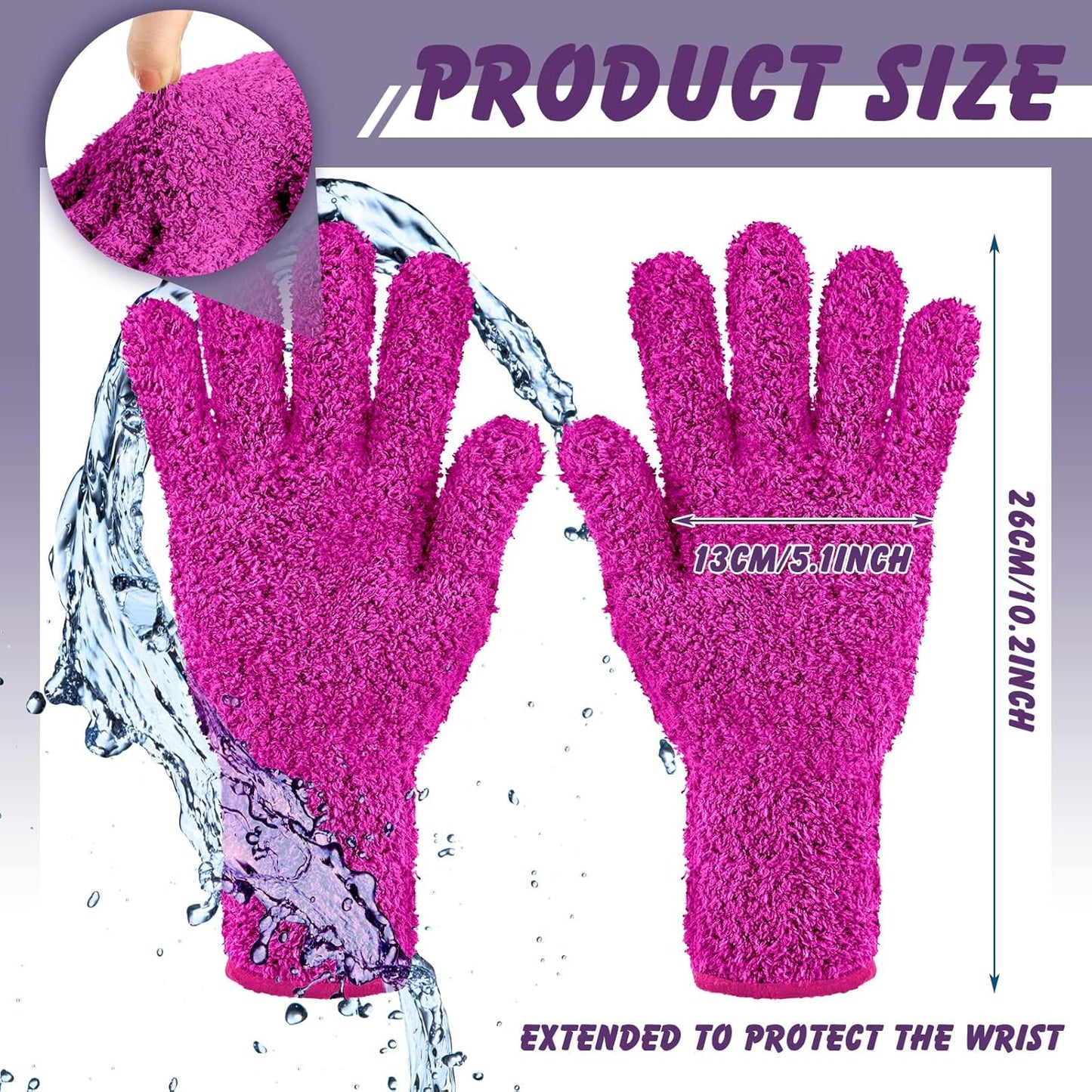Bencailor 3 Pairs Microfiber Gloves Dusting Cleaning Gloves Plants Gloves Lengthen Thicken Cleaning Gloves Mitt for Blind(Purple, Blue, Rose Red)