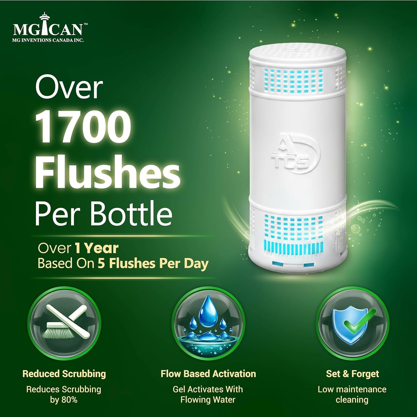 MGICAN Patented Automatic Toilet Bowl Cleaner System (ATCS) 1700+ Flushes - Non Toxic Toilet Bowl Cleaners for Hard Water Stains - UL-Certified Toilet Cleaner 1 Year Supply (1 Pack)