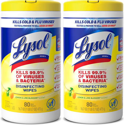 Lysol Disinfectant Wipes Multi-Surface Antibacterial Cleaning Wipes, Dorm Room Essentials For Disinfecting and Cleaning Lemon and Lime Blossom 80 Count (Pack of 2)