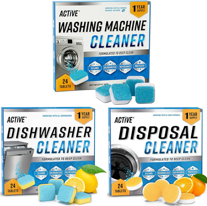 ACTIVE Washing Machine And Dishwasher Cleaning Tablets Bundle - Includes 12 Month Supply Dishwasher Cleaner Deodorizer & Washing Machine Descaler Deep Cleaning Tablets - 48 Tablet Set