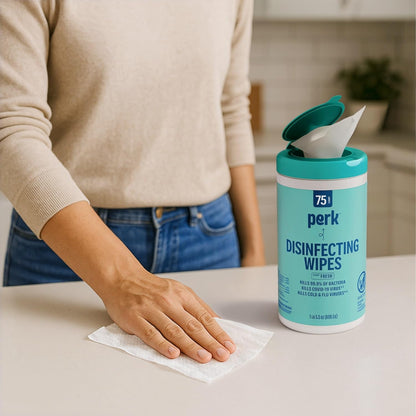 Perk Disinfecting Wipes, Lemon Scent, 75 Wipes/Canister — Multi‑Surface Cleaning Wipes for Home, Office & Classroom