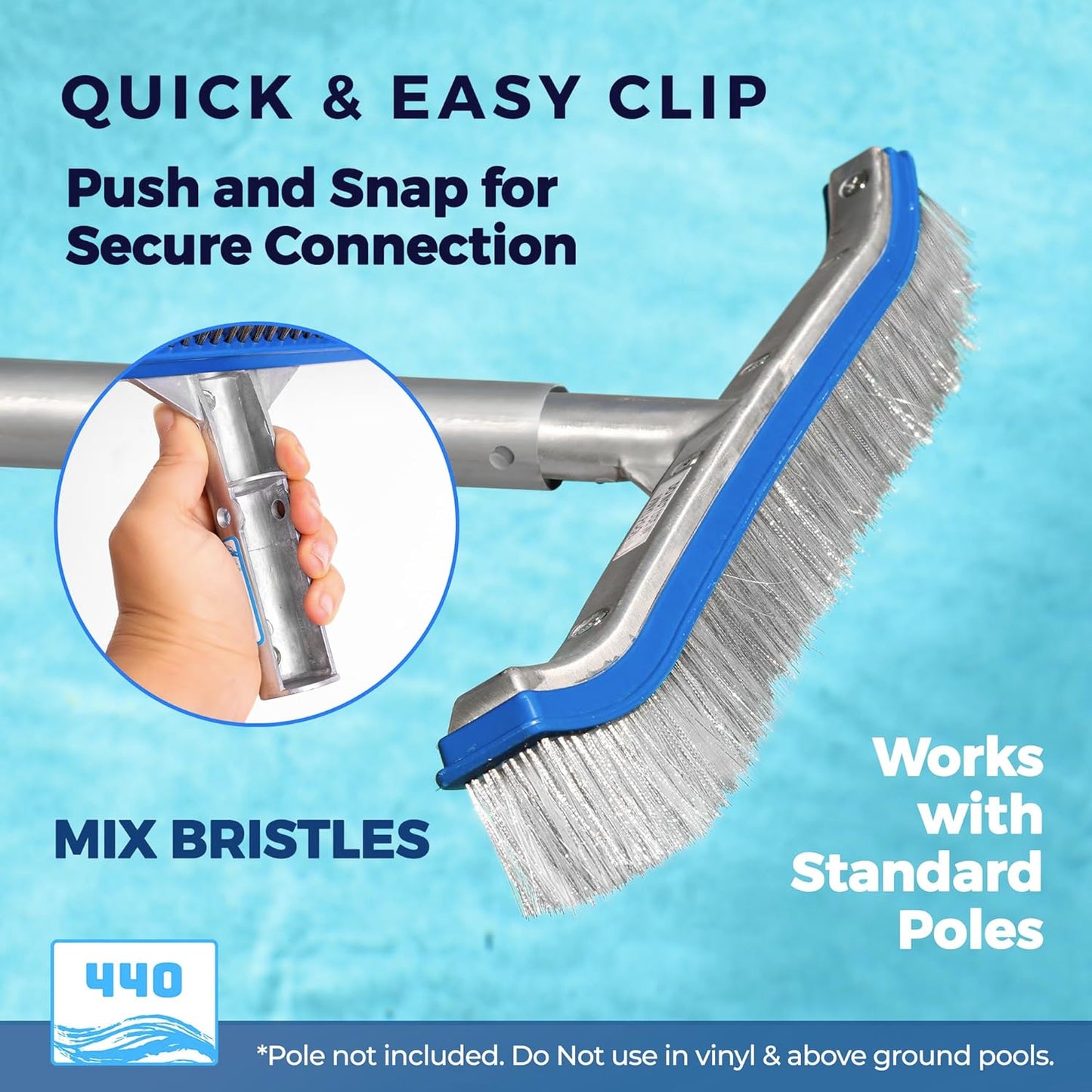 440 Combo Nylon and Stainless Steel Pool Brush - 18-Inch Heavy Duty Pool Brush Head for Cleaning Inground Pool Tiles, Walls, Floor and Steps - Scrub Brush Replacement Head, Strong Bristles - No Pole