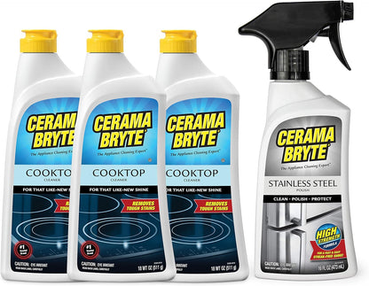 Cerama Bryte Stainless Steel Appliance Cleaner & Removes Tough Stains Cooktop and Stove Top Cleaner for Glass - Ceramic Surfaces, 16 & 18 Ounces, 3-18 Ounces + 1-16 Ounce