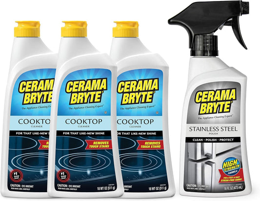 Cerama Bryte Stainless Steel Appliance Cleaner & Removes Tough Stains Cooktop and Stove Top Cleaner for Glass - Ceramic Surfaces, 16 & 18 Ounces, 3-18 Ounces + 1-16 Ounce