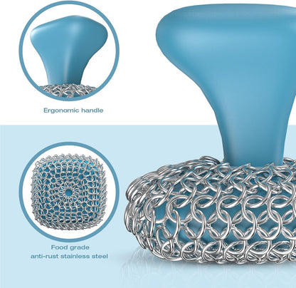 Cast Iron Scrubber | Dish Scrub Brush | 316 Cast Iron Cleaner Chainmail Scrubber for Pan Skillet Cleaner - Dish Scouring Pad Dishwasher Safe Cleaning Kit, Blue