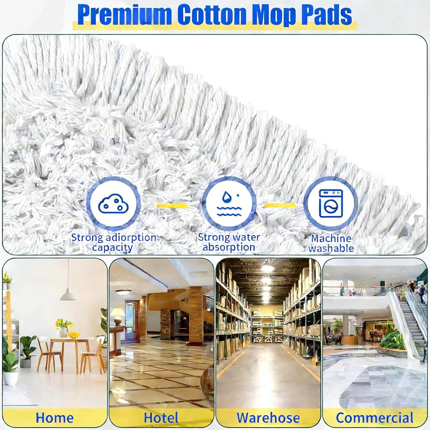 24 Inch Commercial Dust Mop,Heavy Duty Dry Wet Dust Mops Broom for Hardwood Floor, Laminate, Tile, Concrete Cleaning | 60 Extendable Handle & 2 Cotton Mop Heads | Home, Garage, Warehouse Use