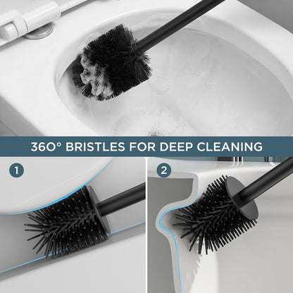FORIOUS Toilet Brush and Holder Set, Heavy Duty 304 Stainless Steel Base Square and Long Handle for Bathroom Deep Cleaning, Drip-Proof, Space Saving for Storage, 2 Toilet Bowl Brush Head, Black