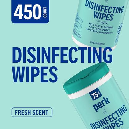 Perk Disinfecting Wipes, Lemon Scent, 75 Wipes/Canister — Multi‑Surface Cleaning Wipes for Home, Office & Classroom