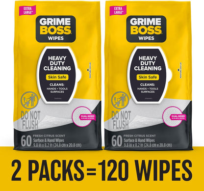 Grime Boss Heavy Duty Surface and Hand Wipes (2x60ct) | Remove Paint, Oil, Grease, Adhesives, Mud, Dirt | Workshop Replace Cleaners like Rags, Towels, Pumice, Soap