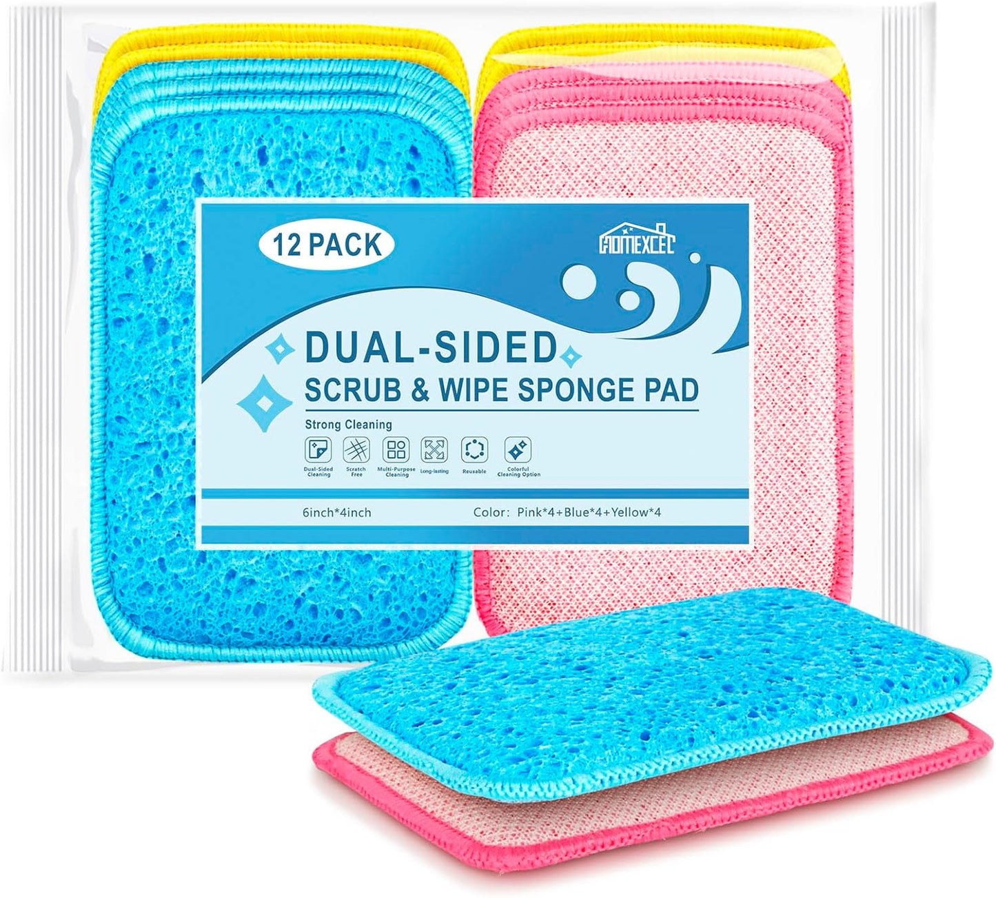 12 Pack Scrub & Wipe Cloths, Dual-Sided Sponges for Kitchen, All-Purpose Cloth for Dishes, Pots, Pans, Non-Stick Cookware, Countertops (Red, Yellow, Blue)