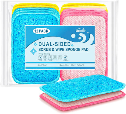 12 Pack Scrub & Wipe Cloths, Dual-Sided Sponges for Kitchen, All-Purpose Cloth for Dishes, Pots, Pans, Non-Stick Cookware, Countertops (Red, Yellow, Blue)