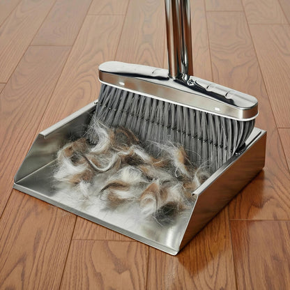 Heavy Duty 304 Stainless Steel Dustpan and Broom Set, Long Handle Self Standing Dust Pan with Wide Mouth Pet Hair Comb Teeth, Indoor Outdoor Cleaning Set for Kitchen Garage Office