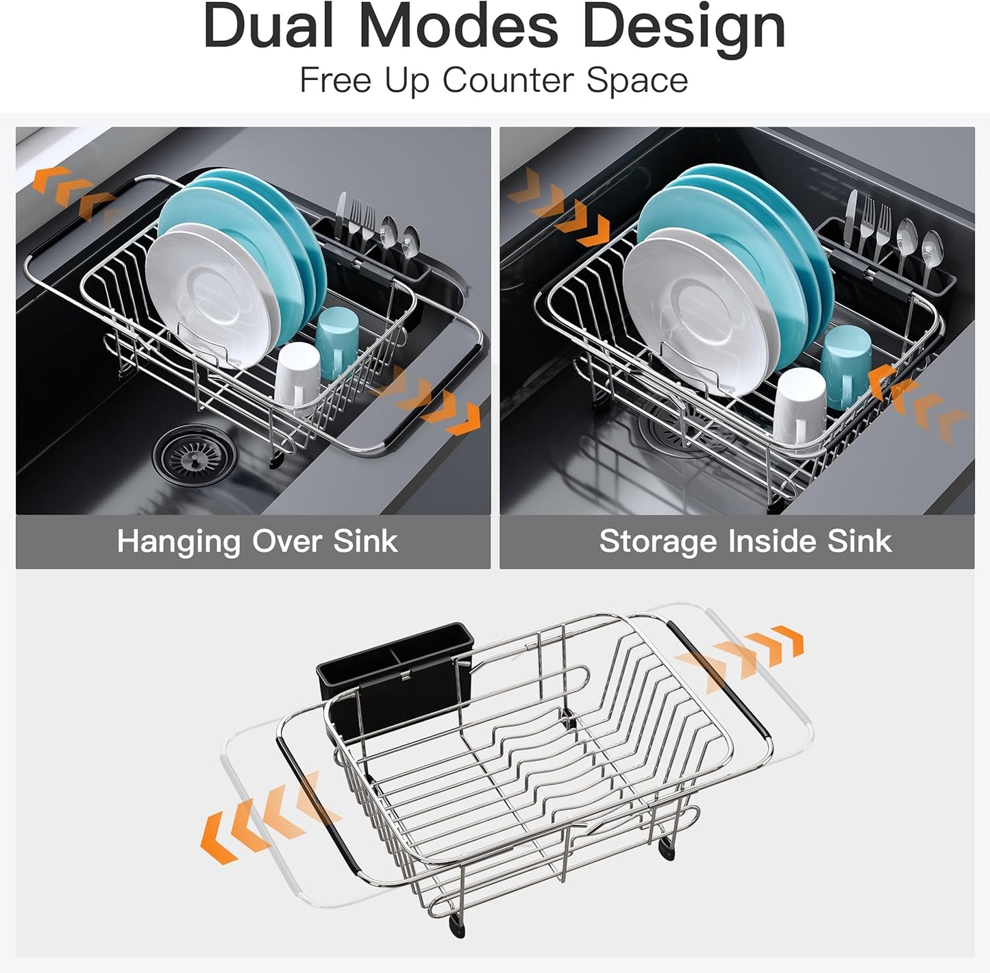 JASIWAY Dish Drying Rack in Sink, Expandable Stainless Steel Dish Drainers for Kitchen Counter, Dish Dryer Rack for Inside Sink, Over The Sink Dish Racks with Utensil Holder, Silver