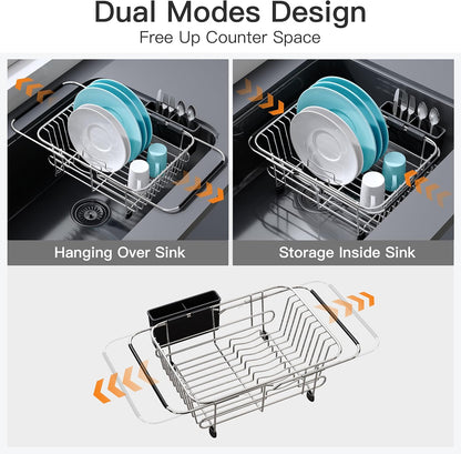 JASIWAY Dish Drying Rack in Sink, Expandable Stainless Steel Dish Drainers for Kitchen Counter, Dish Dryer Rack for Inside Sink, Over The Sink Dish Racks with Utensil Holder, Silver