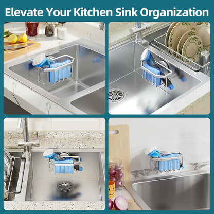 TAILI 4-in-1 Sink Caddy with Strong Suction Cup, Sponge Holder for Kitchen Sink Organizer, Removable, Rustproof, Stainless Steel Holder for Sponge, Brush, Scrubber, Scraper - Silver