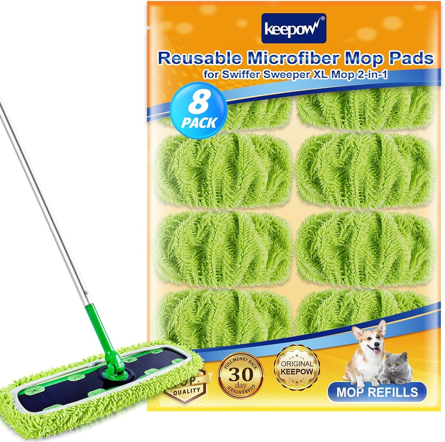 KEEPOW Reusable XL Mop Pads Compatible with Swiffer XL Sweeper, X-Large Dry Sweeping Cloths, Wet Mopping Cloths, Washable Microfiber XL Wet Pads Refills for Surface/Hardwood Floor Cleaning, 4 Pack