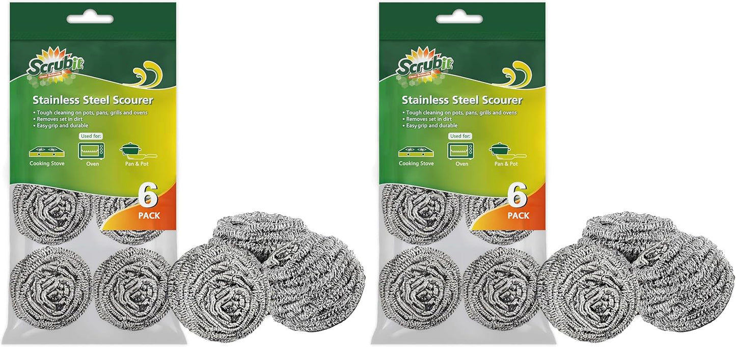 SCRUBIT 6 Pack Stainless Steel Scourers – Steel Wool Scrubber Pad Used for Dishes, Pots, Pans, and Ovens. Easy scouring for Tough Kitchen Cleaning.