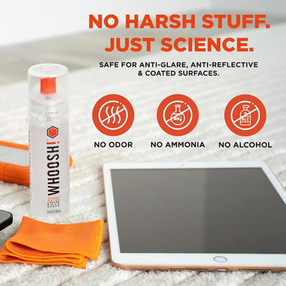 WHOOSH! Screen Shine Go XL - 3.4 fl oz with Microfiber Cloth - Powerful Streak-Free Screen Cleaner Spray and Wipe for MacBook, Laptop, Car, Eyeglasses & Phone - Sleek Bottle for Home, Work or Travel
