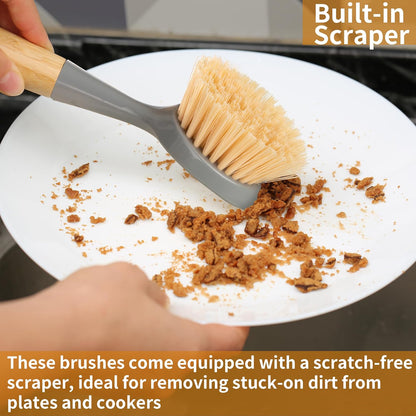 2 Pack Kitchen Dish Brush Bamboo Handle Dish Scrubber Built-in Scraper, Scrub Brush for Pans, Pots, Kitchen Sink Cleaning, Dishwashing and Cleaning Brushes are Perfect Cleaning Tools, White