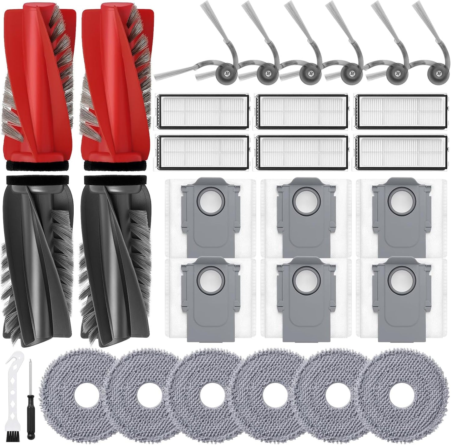 30Pcs Replacement Parts for Roborock Qrevo S5V, Curv, Edge, Edge S5A, Curv S5X Robot Vacuum Kit, 2 Main Brush 6 Hepa Filter 6 Mop Pads 6 Side Brush 6 Dust Bags 1 Screwdriver 1 Clean Tool