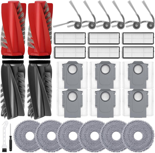 30Pcs Replacement Parts for Roborock Qrevo S5V, Curv, Edge, Edge S5A, Curv S5X Robot Vacuum Kit, 2 Main Brush 6 Hepa Filter 6 Mop Pads 6 Side Brush 6 Dust Bags 1 Screwdriver 1 Clean Tool